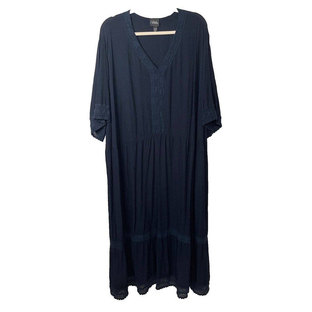 Ulla Popken Maxi Dress Size 28/30 Blue Embroidered Trim Flowy Modest Comfy Boho